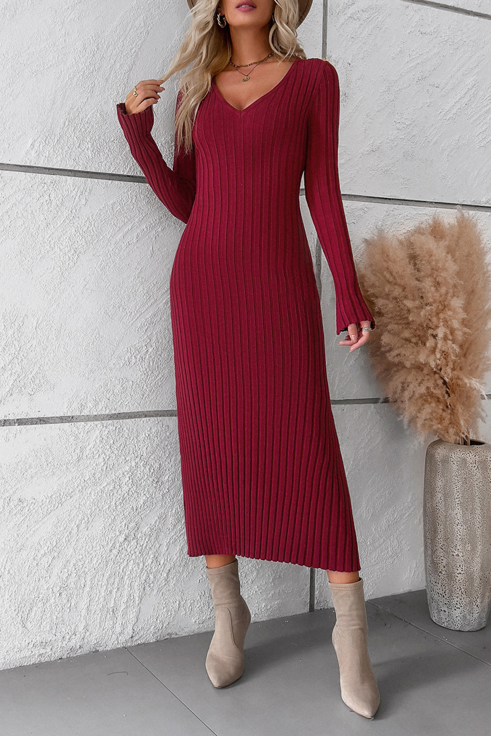 V-Neck Long Sleeve Ribbed Sweater Dress 