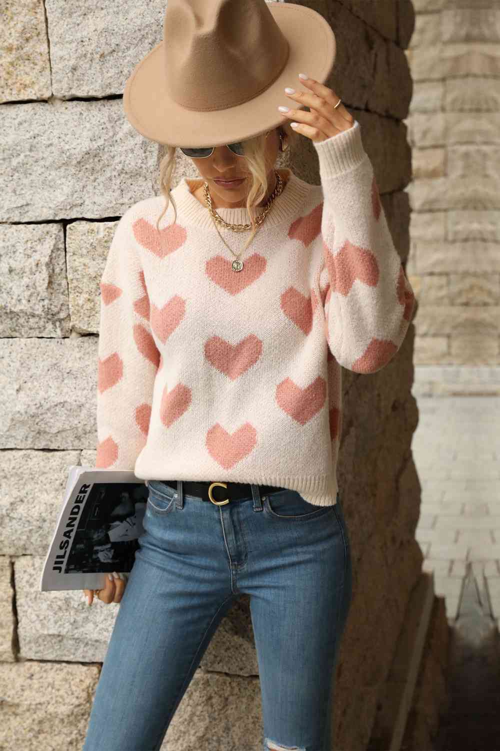 Heart Pattern Dropped Shoulder Sweater 