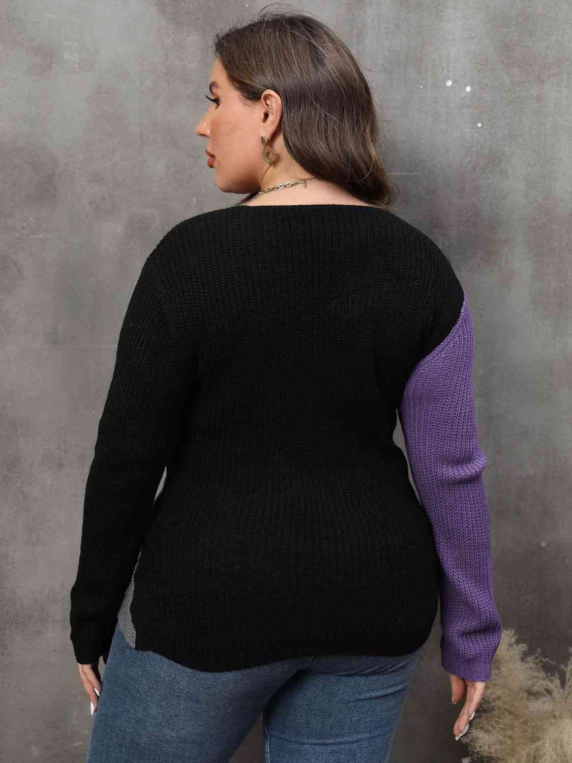 Plus Size Two-Tone Surplice Neck Sweater 