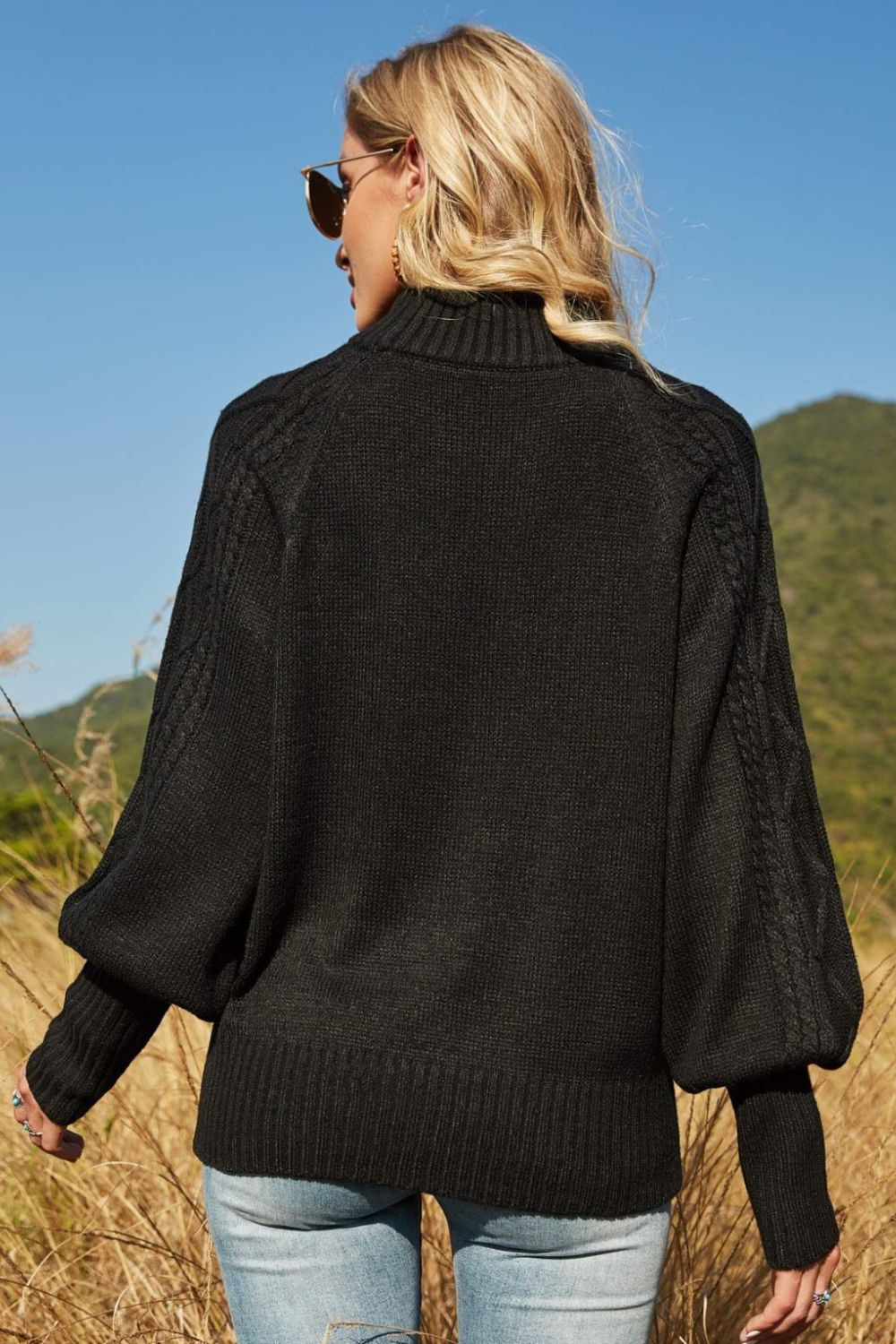 Ribbed Mock Neck Lantern Sleeve Sweater 