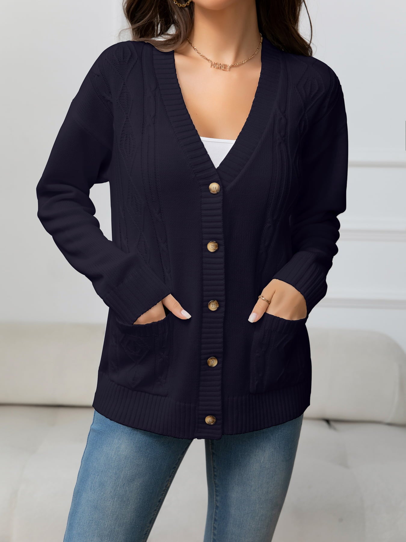 V-Neck Long Sleeve Buttoned Knit Top with Pocket 