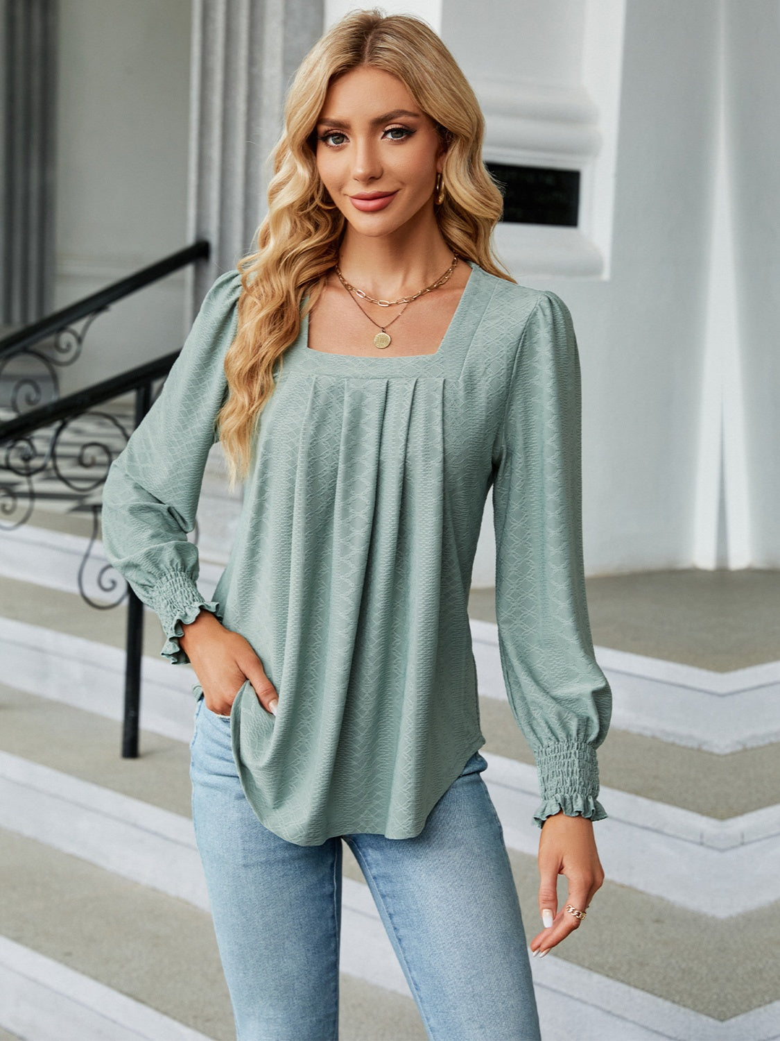 Ruched Square Neck Lantern Sleeve Blouse 