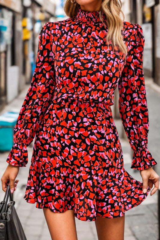 Heart Printed Mock Neck Flounce Sleeve Dress 