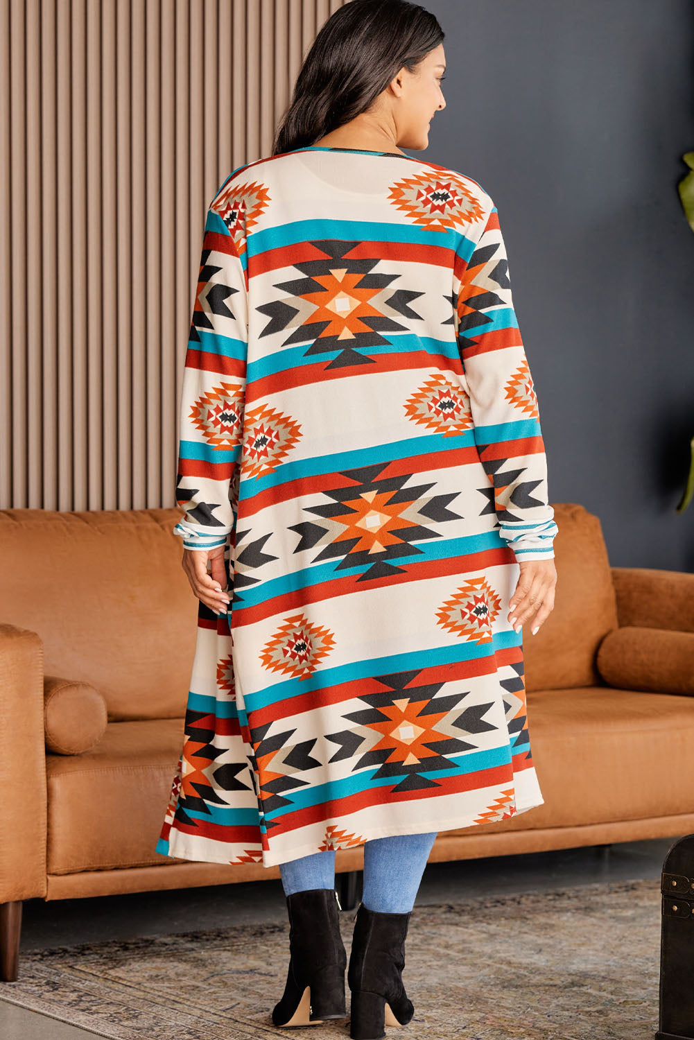 Plus Size Geometric Open Front Longline Cardigan 