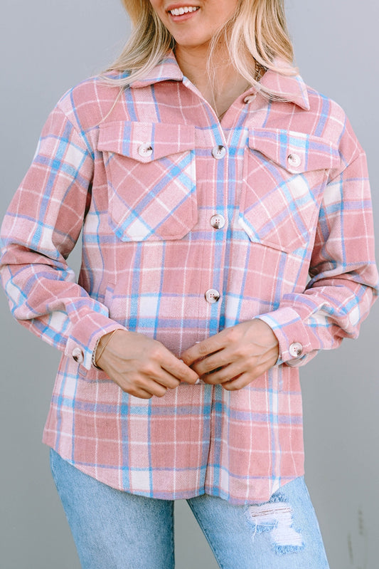 Plaid Pocketed Collared Neck Button Up Jacket 