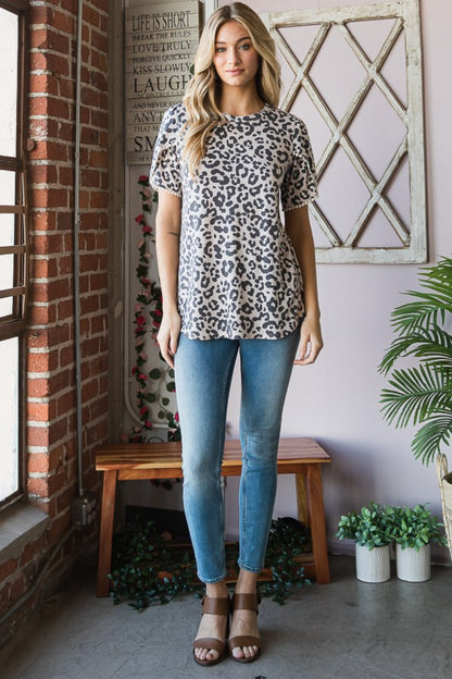 Heimish Leopard Round Neck Petal Sleeve T-Shirt 