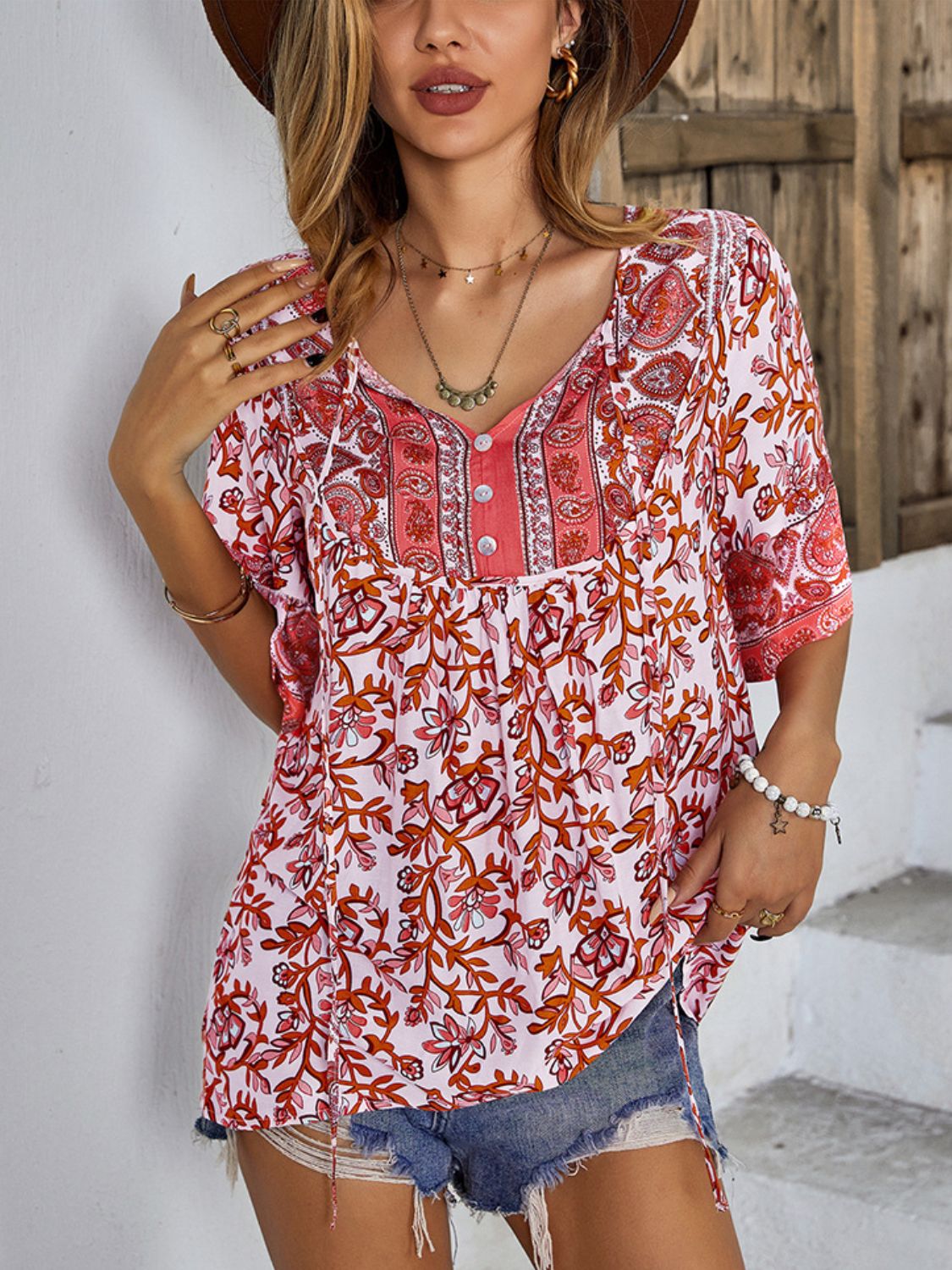 Printed Tie Neck Half Sleeve Tunic Blouse 