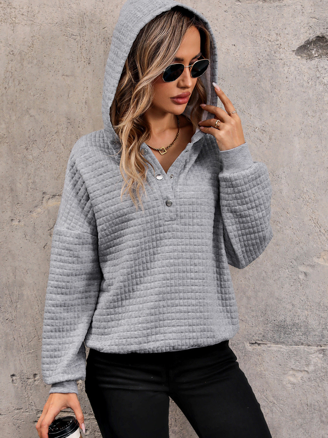 Waffle-Knit Half Button Hoodie - Babbazon Tops