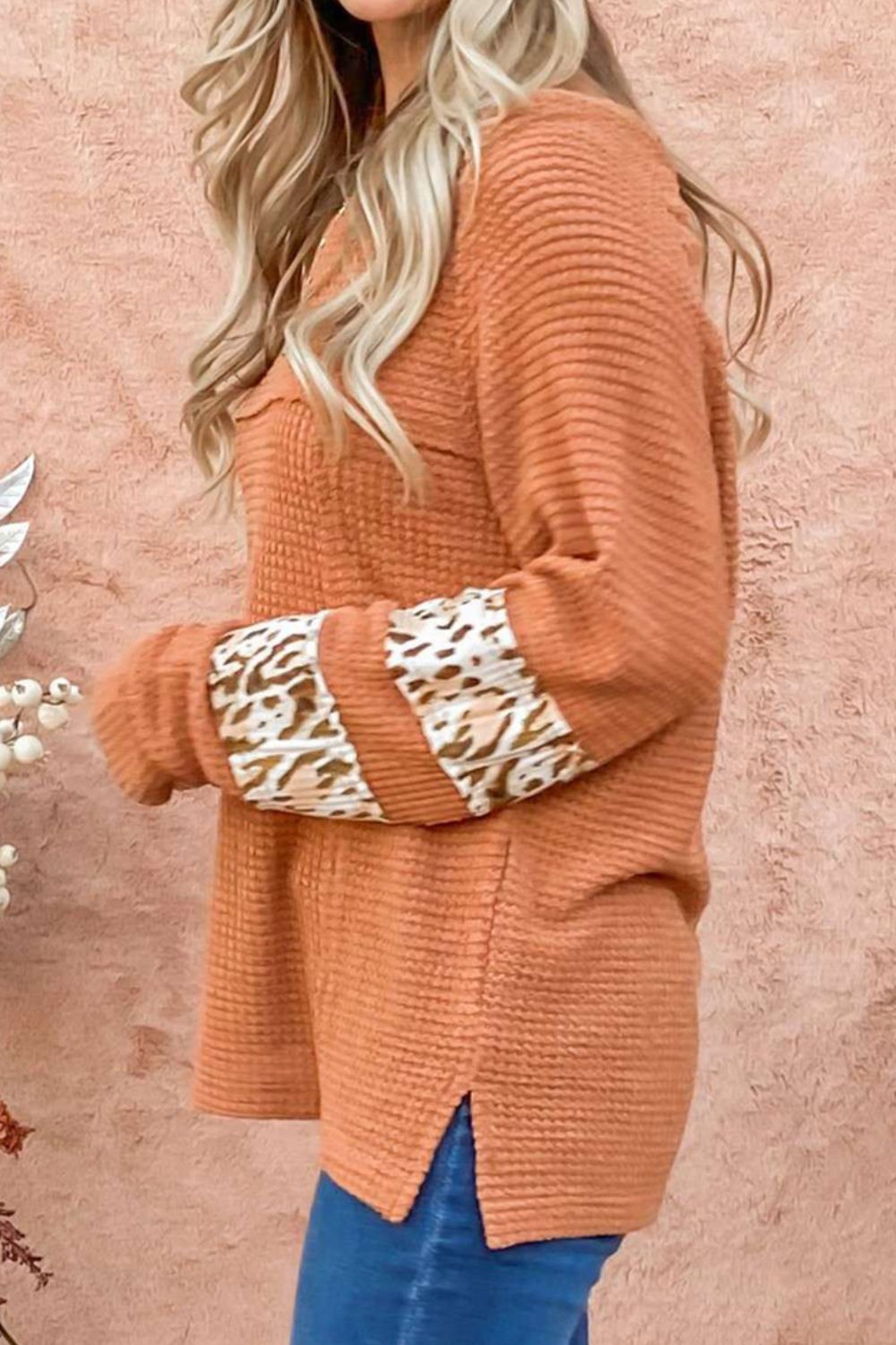 Waffle-Knit Leopard Long Sleeve Slit Blouse 