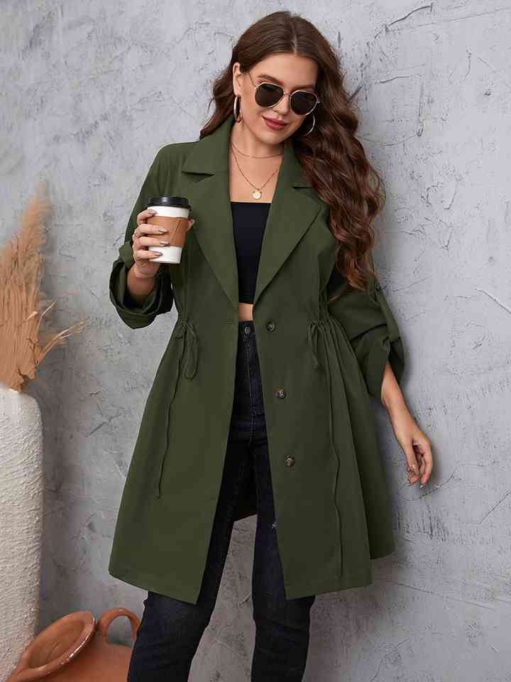 Plus Size Lapel Collar Roll-Tab Sleeve Trench Coat 