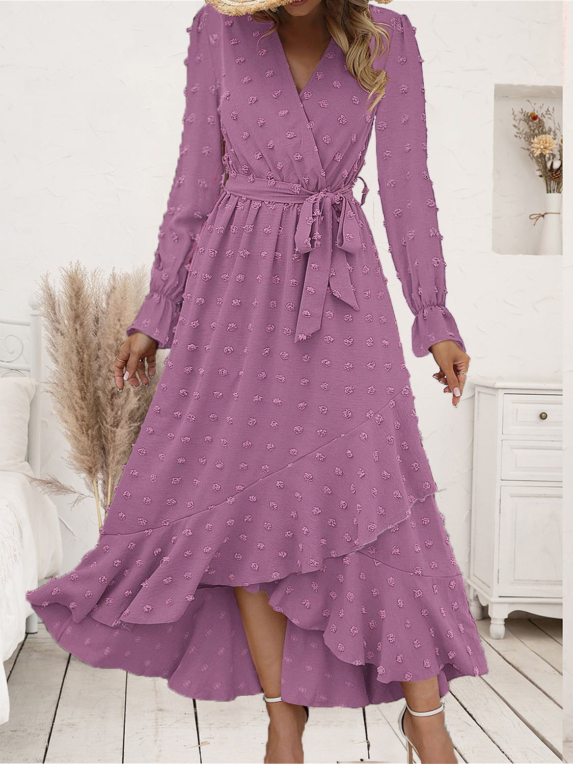 Swiss Dot Tie Waist Flounce Sleeve Dress 