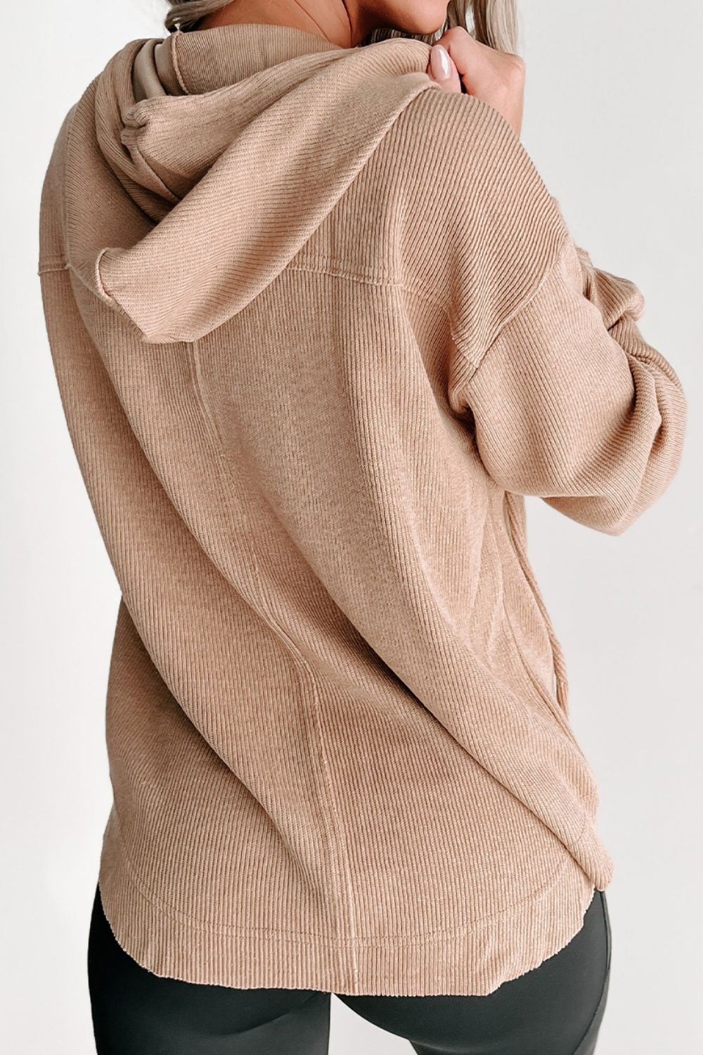 Buttoned Drop Shoulder Drawstring Hoodie 