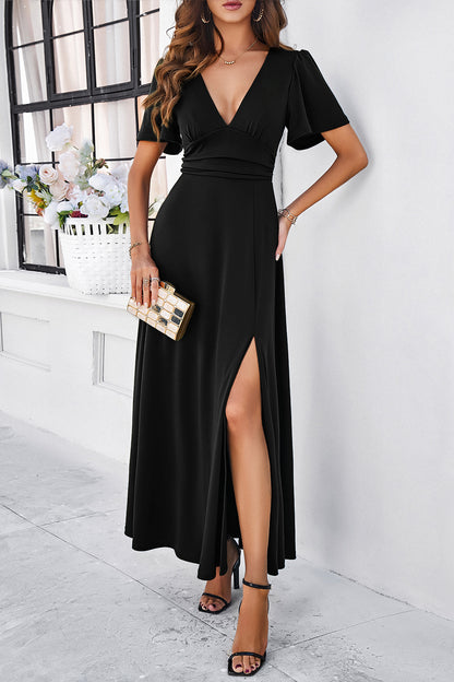 Slit V-Neck Short Sleeve Dress 