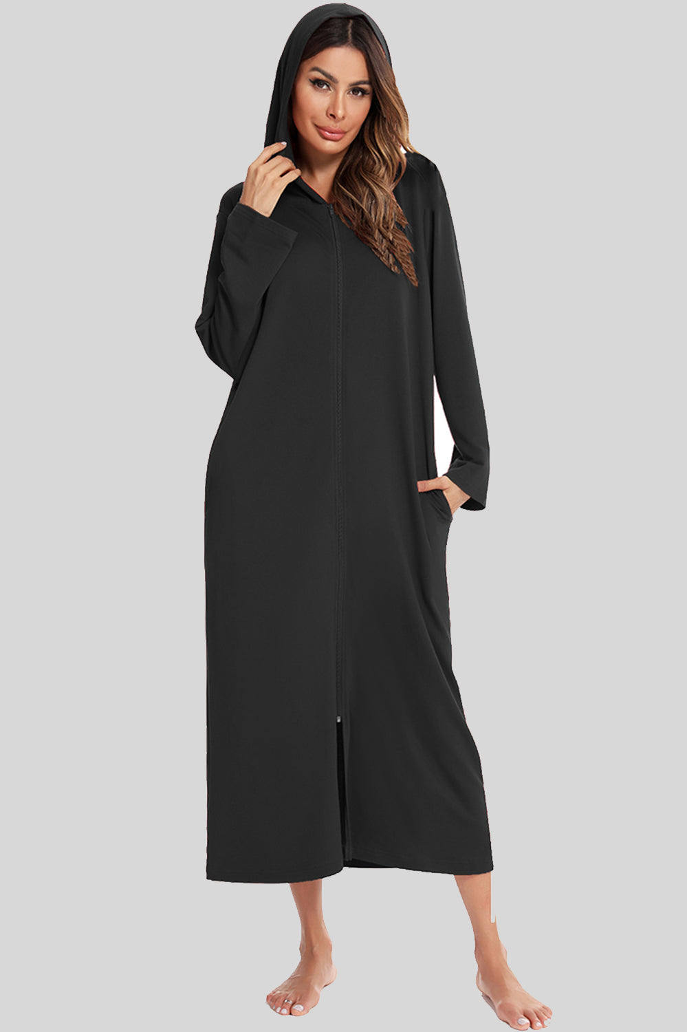 Zip Front Hooded Night Dress with Pockets 