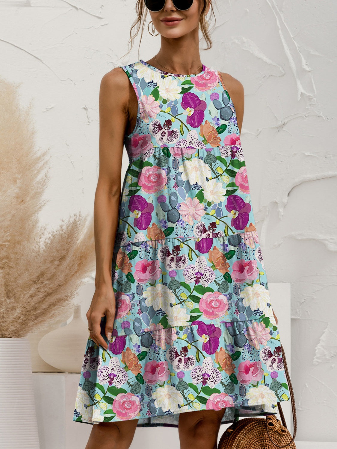 Printed Round Neck Sleeveless Tiered Dress 