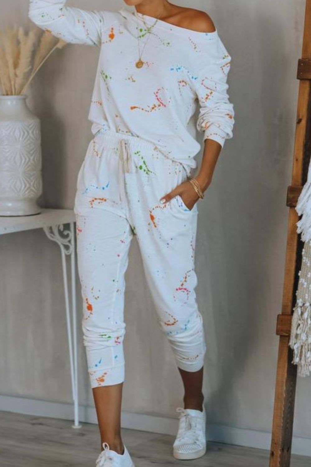 Splatter Print Round Neck Top and Drawstring Pants Set 