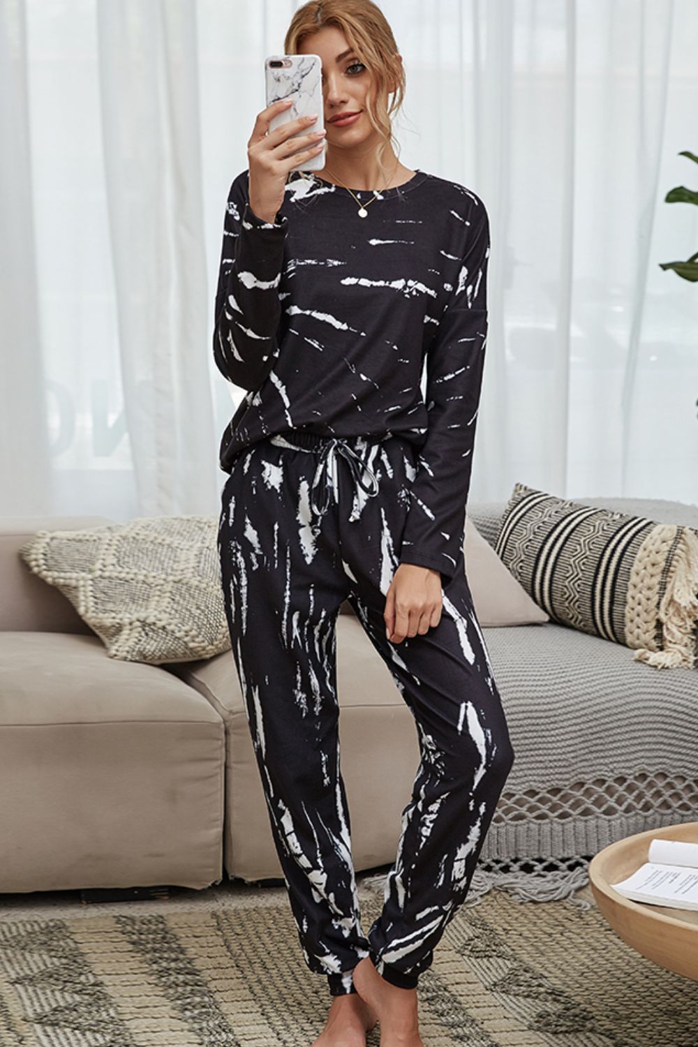 Tie-Dye Round Neck Top and Drawstring Waist Joggers Lounge Set 