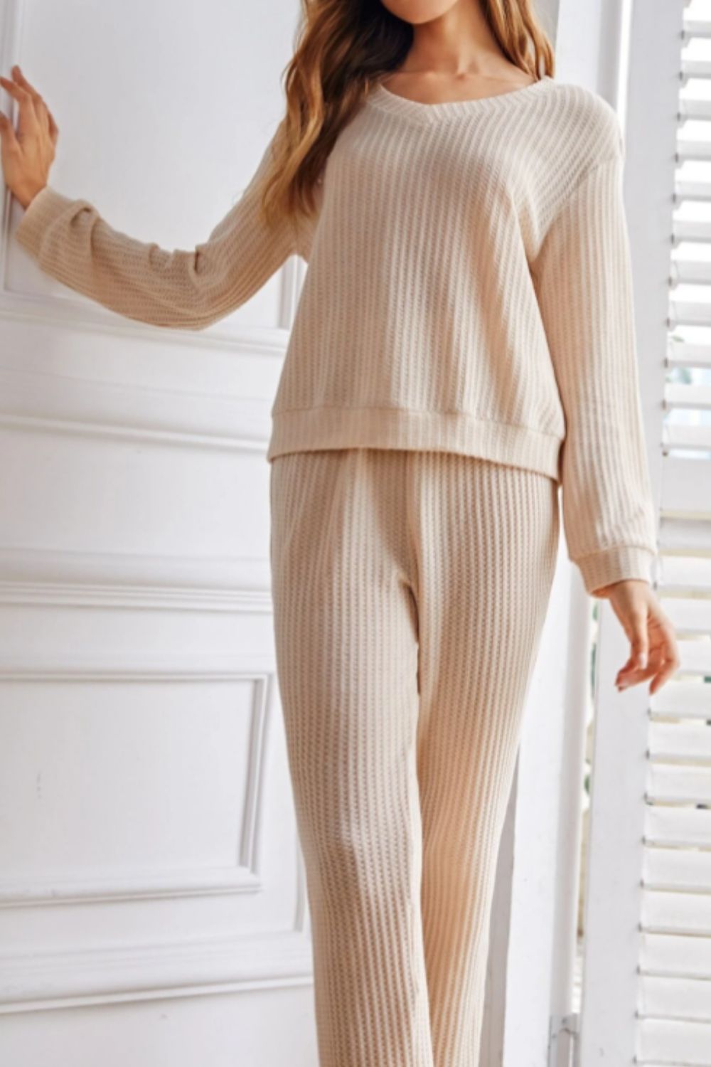 Waffle-Knit Long Sleeve Top and Pants Set 