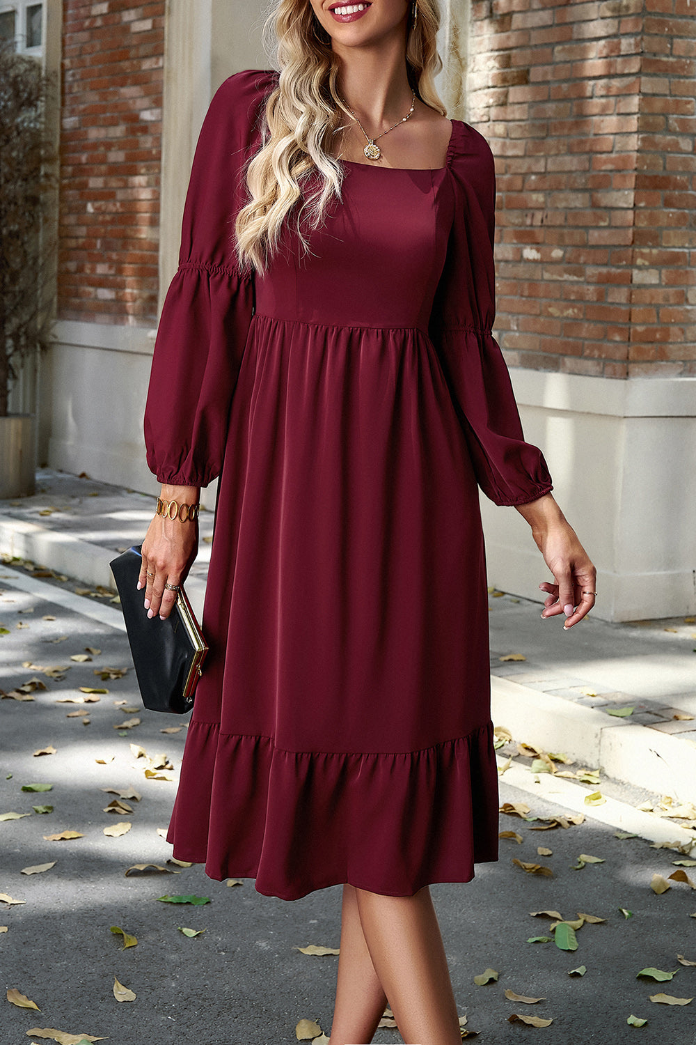 Square Neck Balloon Sleeve Midi Dress 