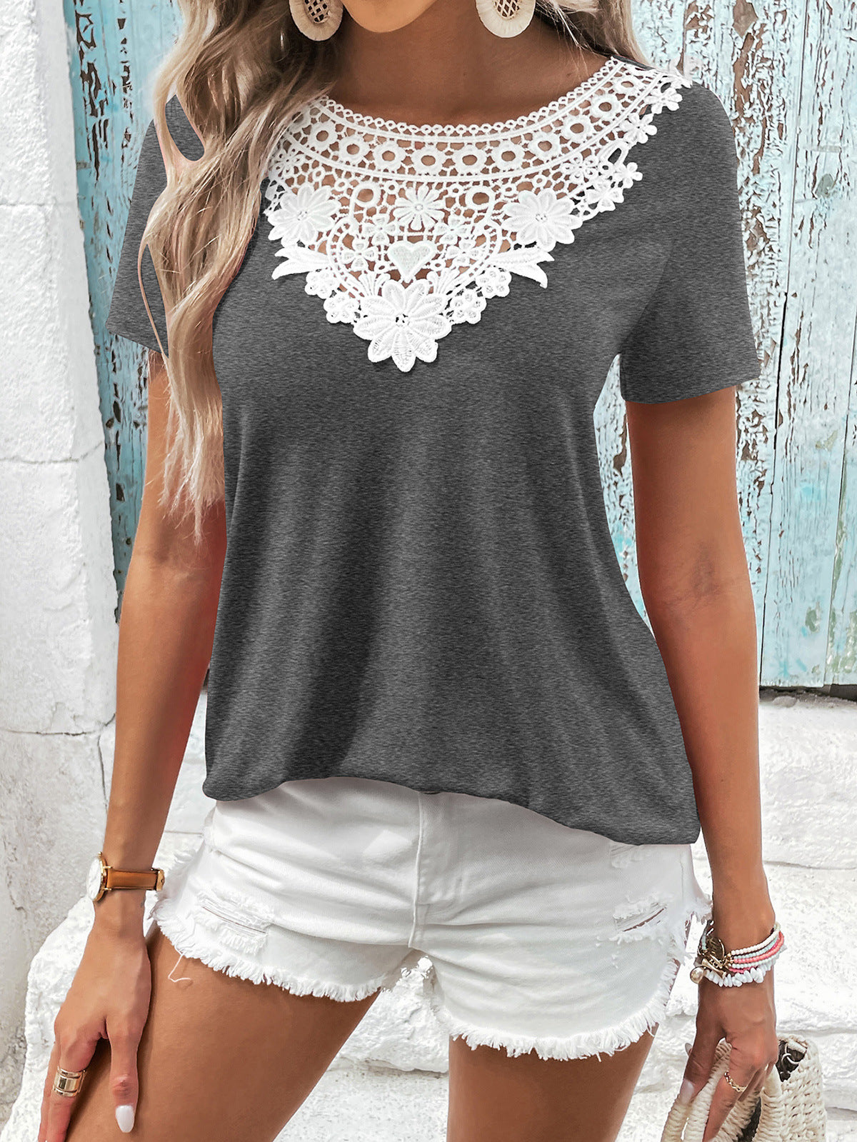 Spliced Lace Contrast Short Sleeve Top 