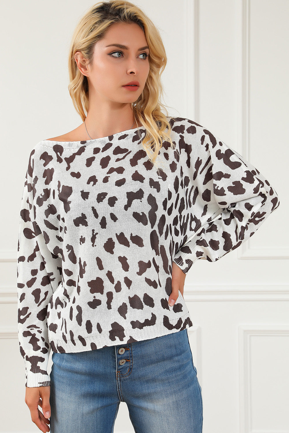 Leopard Boat Neck Long Sleeve Sweater 