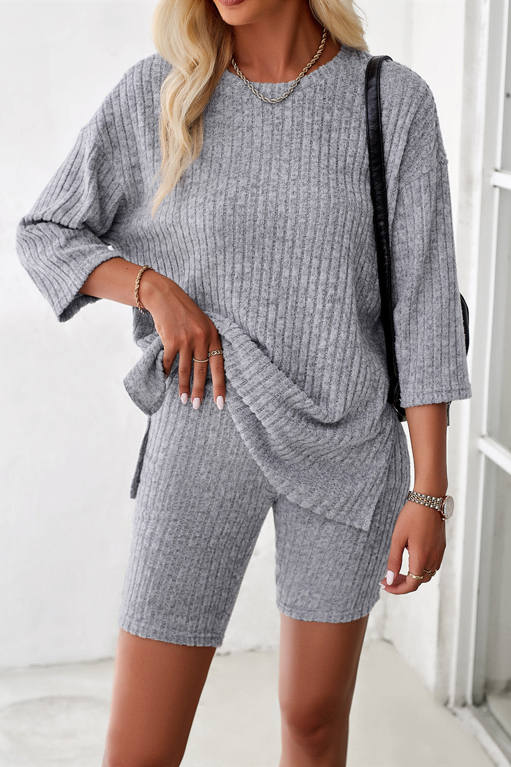 Ribbed Round Neck Top and Shorts Set 