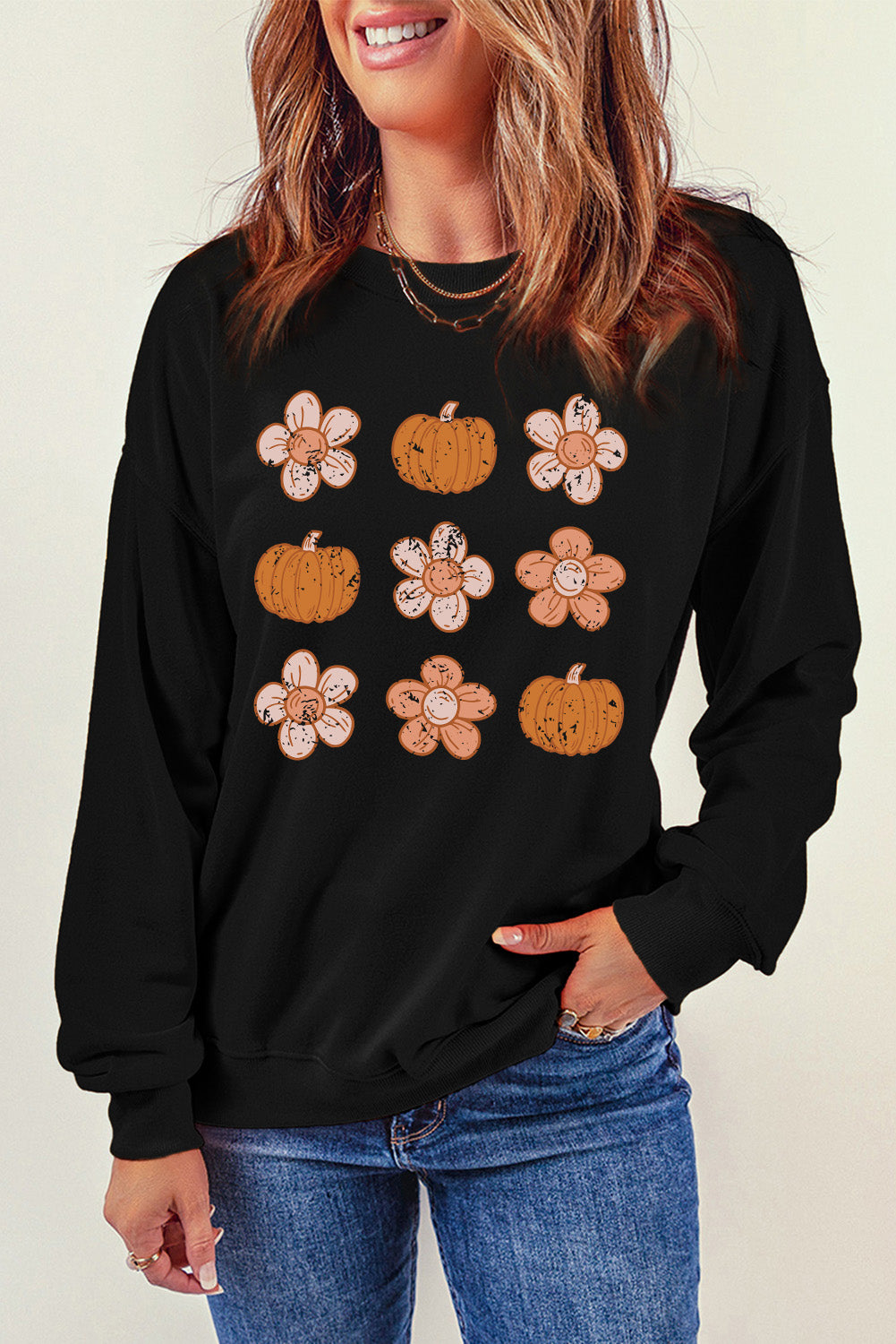 Simply Love Round Neck Long Sleeve Pumpkin & Flower Graphic Sweatshirt 