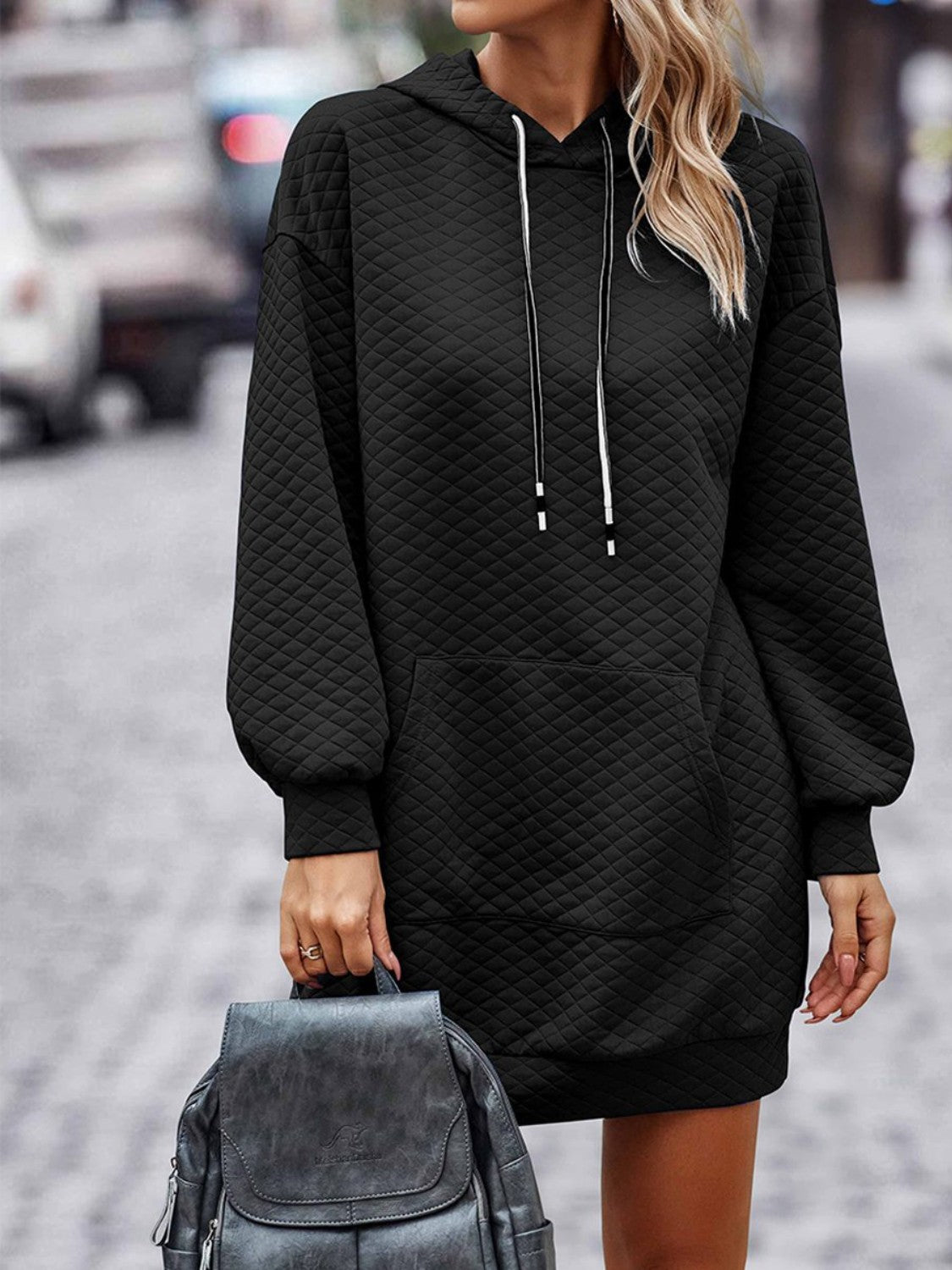 Textured Drawstring Tunic Hoodie 