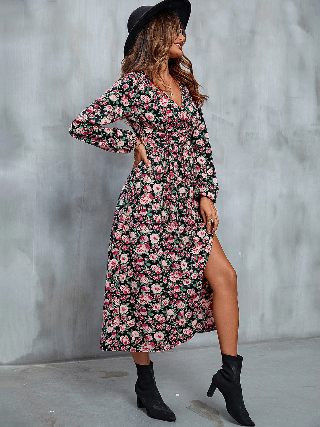 Floral V-Neck Slit Midi Dress 