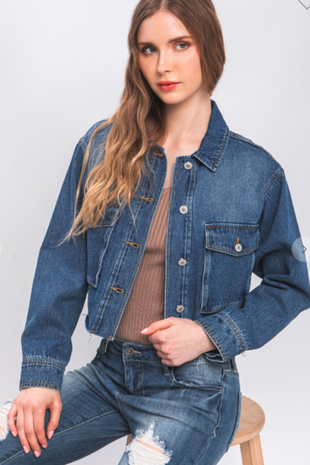 LOVE TREE Raw Hem Button Up Cropped Denim Jacket - Babbazon Cover up