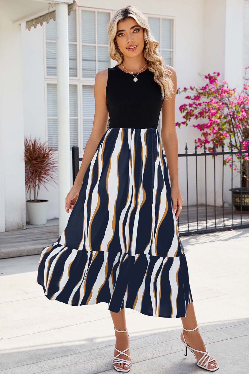 Striped Round Neck Sleeveless Midi Dress 