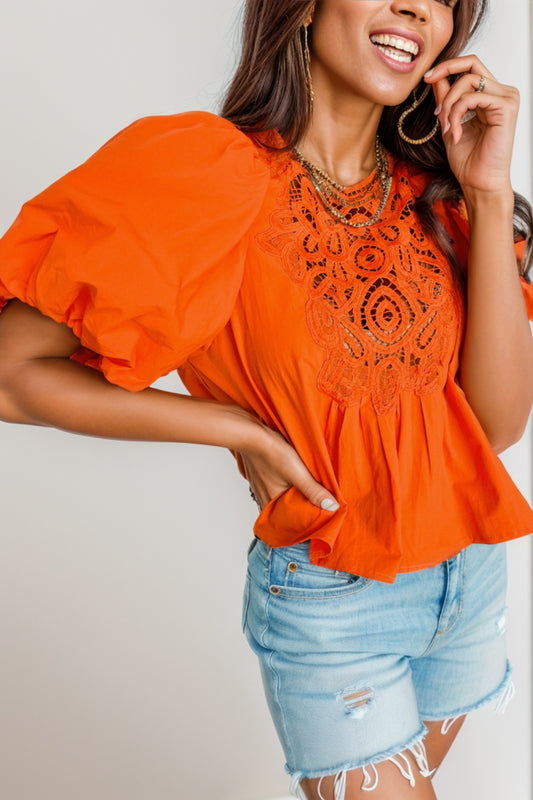 Openwork Round Neck Balloon Sleeve Blouse 