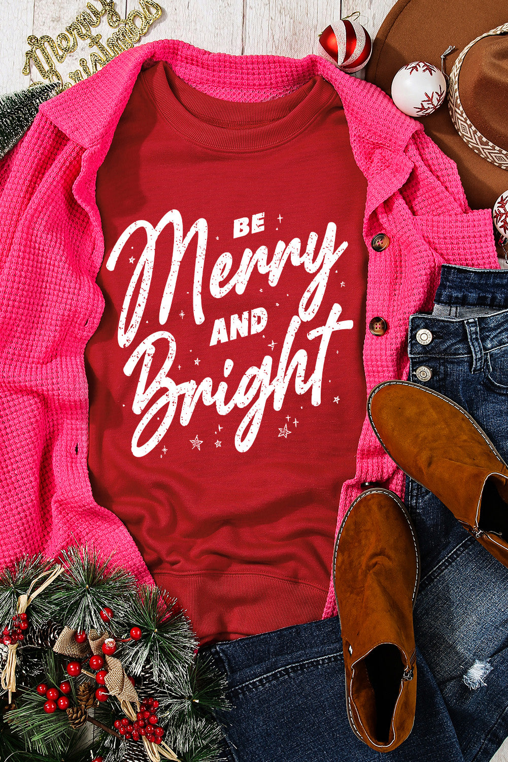 BE MERRY AND BRIGHT Round Neck Sweatshirt 