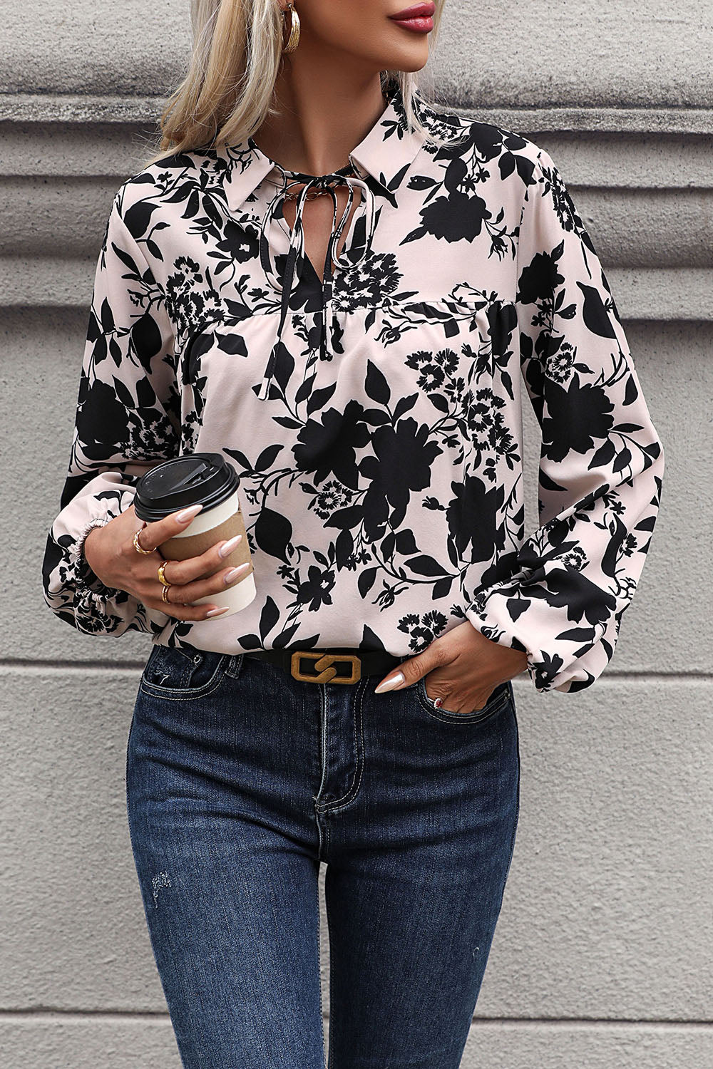 Printed Tie Neck Balloon Sleeve Blouse 