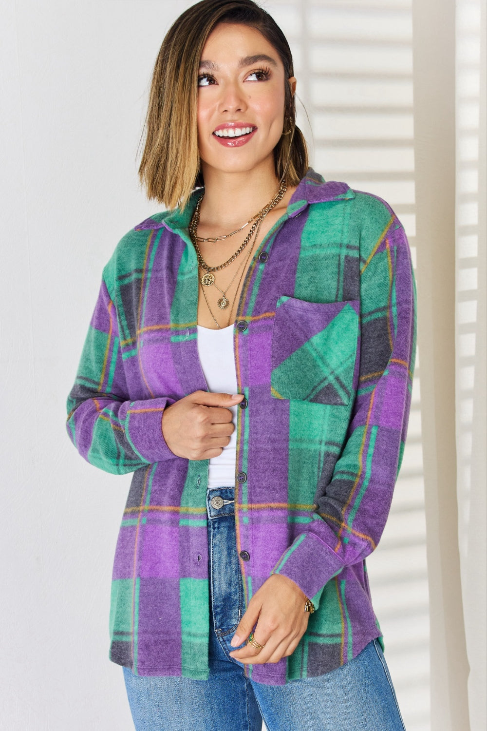 Zenana Plaid Button Up Long Sleeve Shacket 