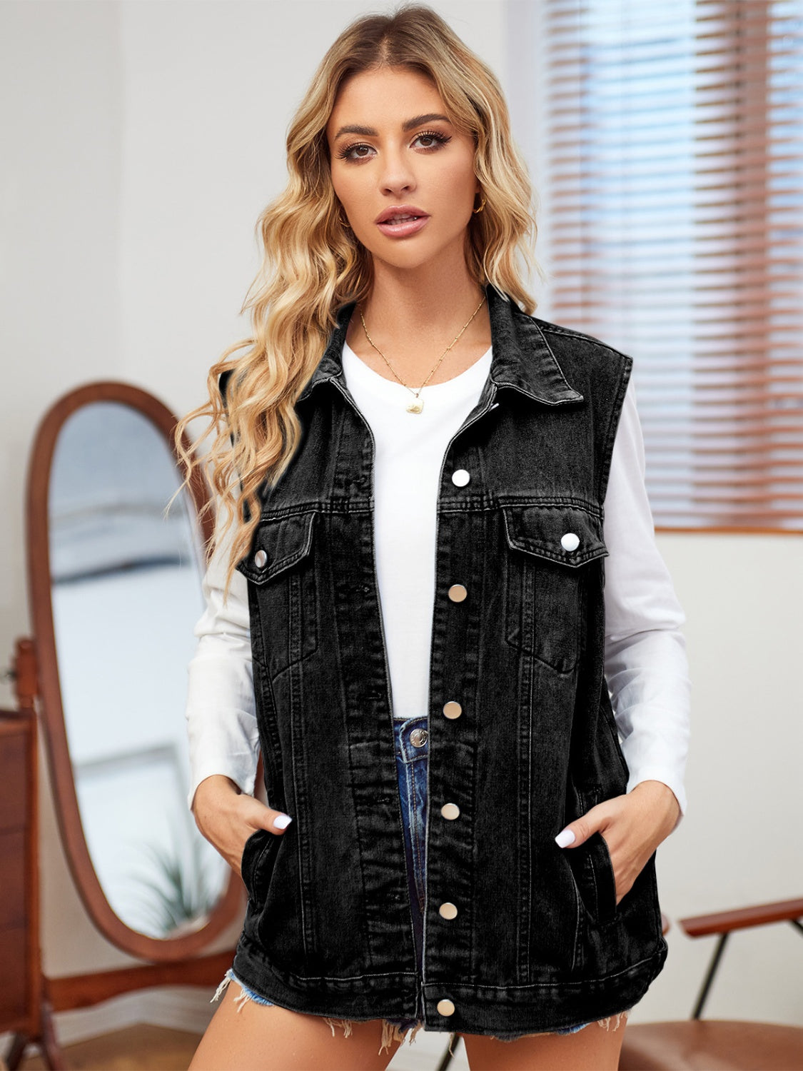 Pocketed Button Up Sleeveless Denim Jacket 