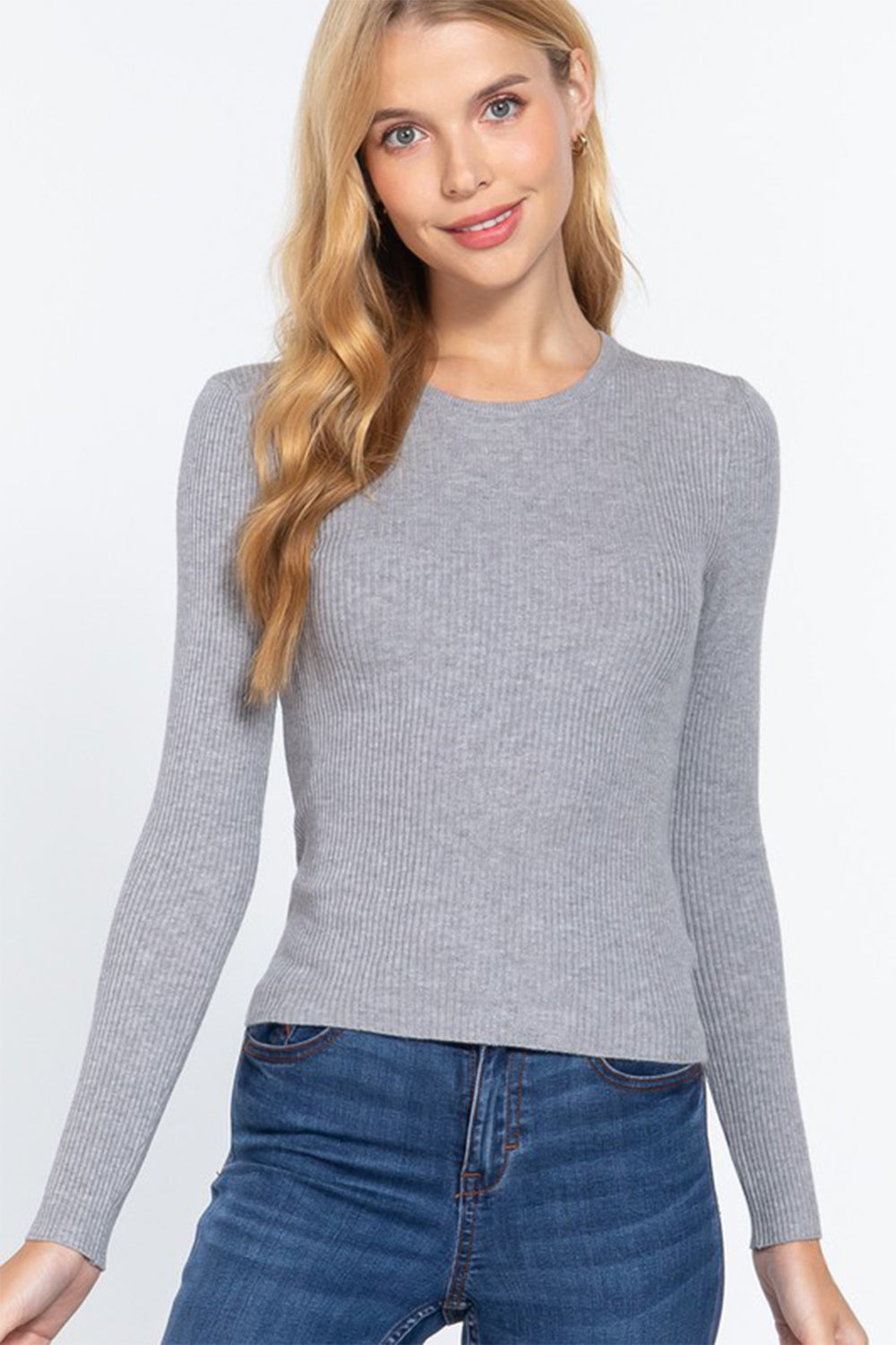 ACTIVE BASIC Full Size Ribbed Round Neck Long Sleeve Knit Top 