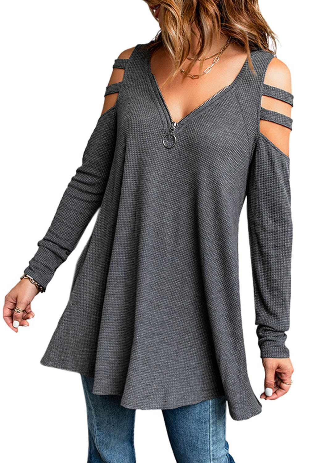 Cutout Waffle Knit Tunic Top 