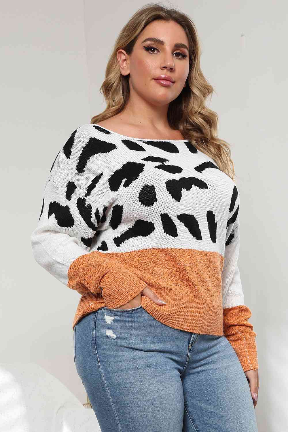 Plus Size Leopard Round Neck Long Sleeve Sweater 