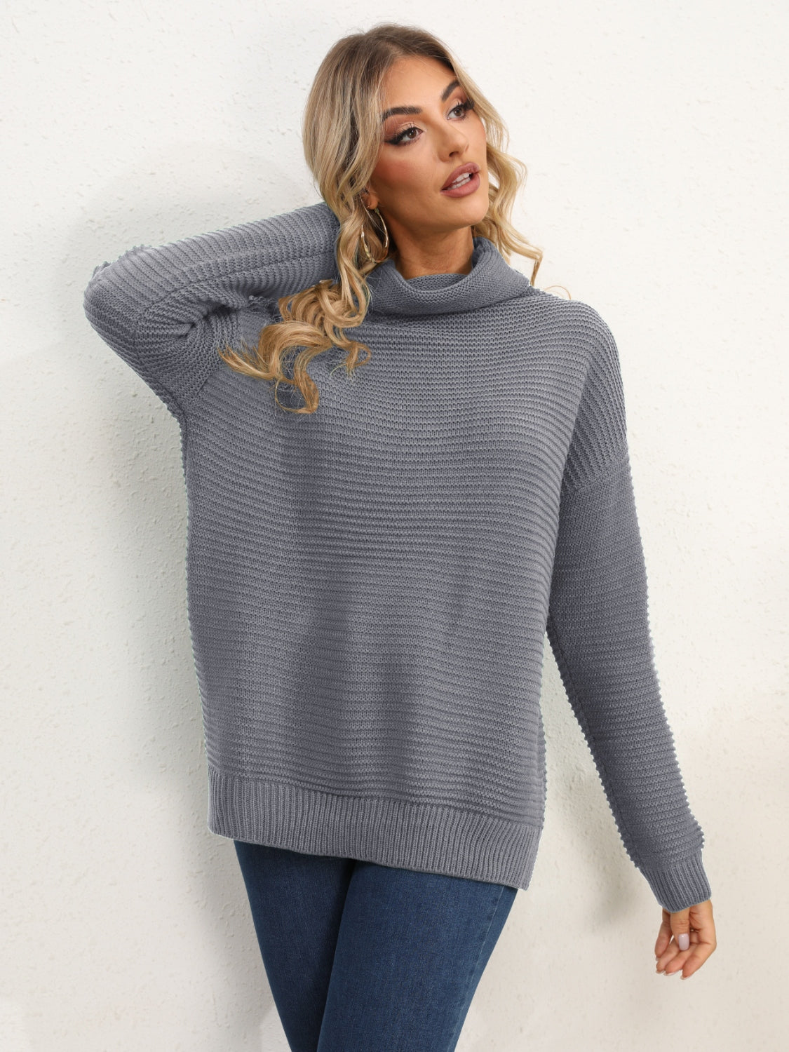 Slit Turtleneck Dropped Shoulder Sweater