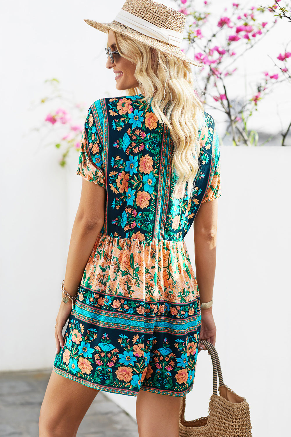 Floral Multicolored Tie-Neck Romper 