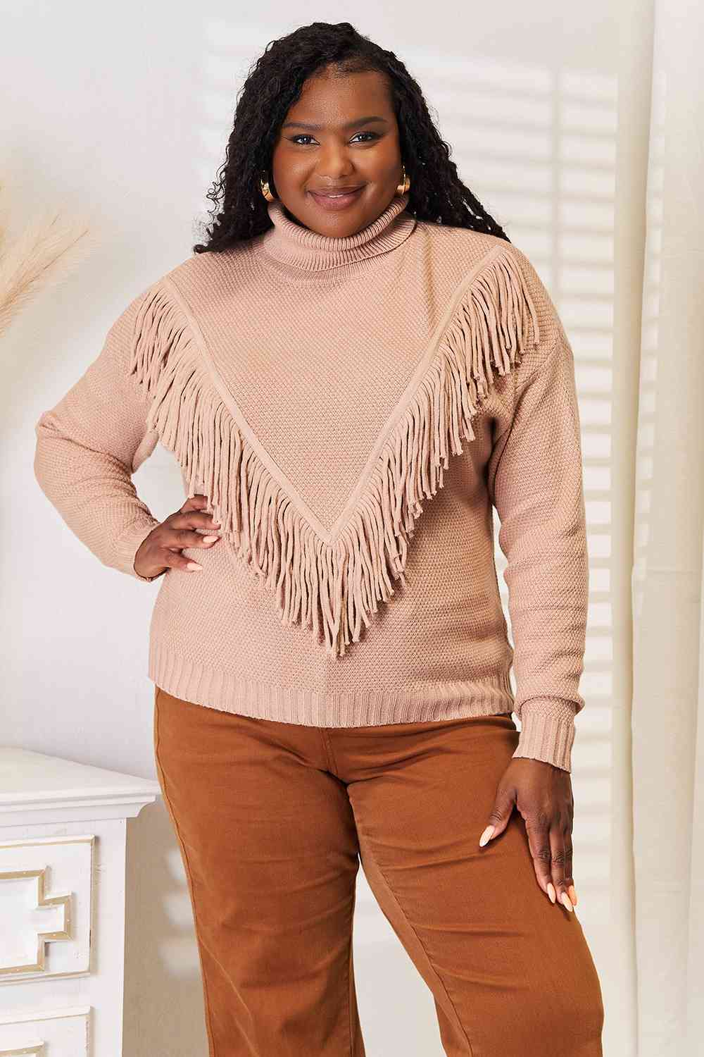 Woven Right Turtleneck Fringe Front Long Sleeve Sweater 