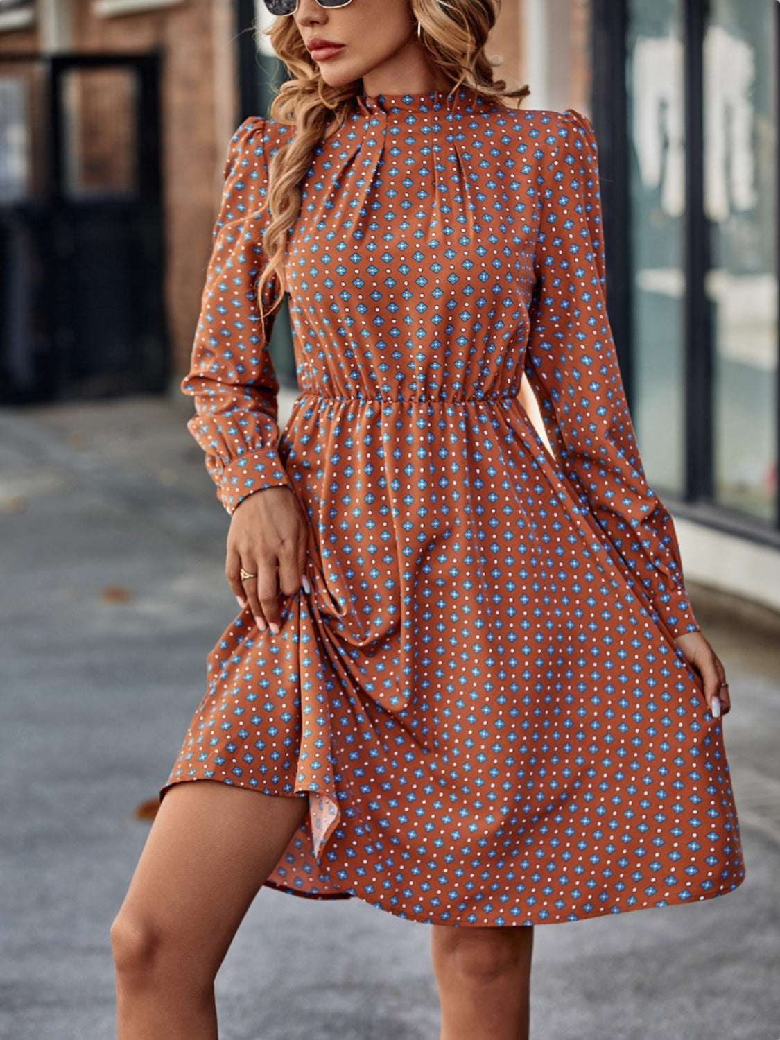 Printed Ruched Mock Neck Long Sleeve Dress 