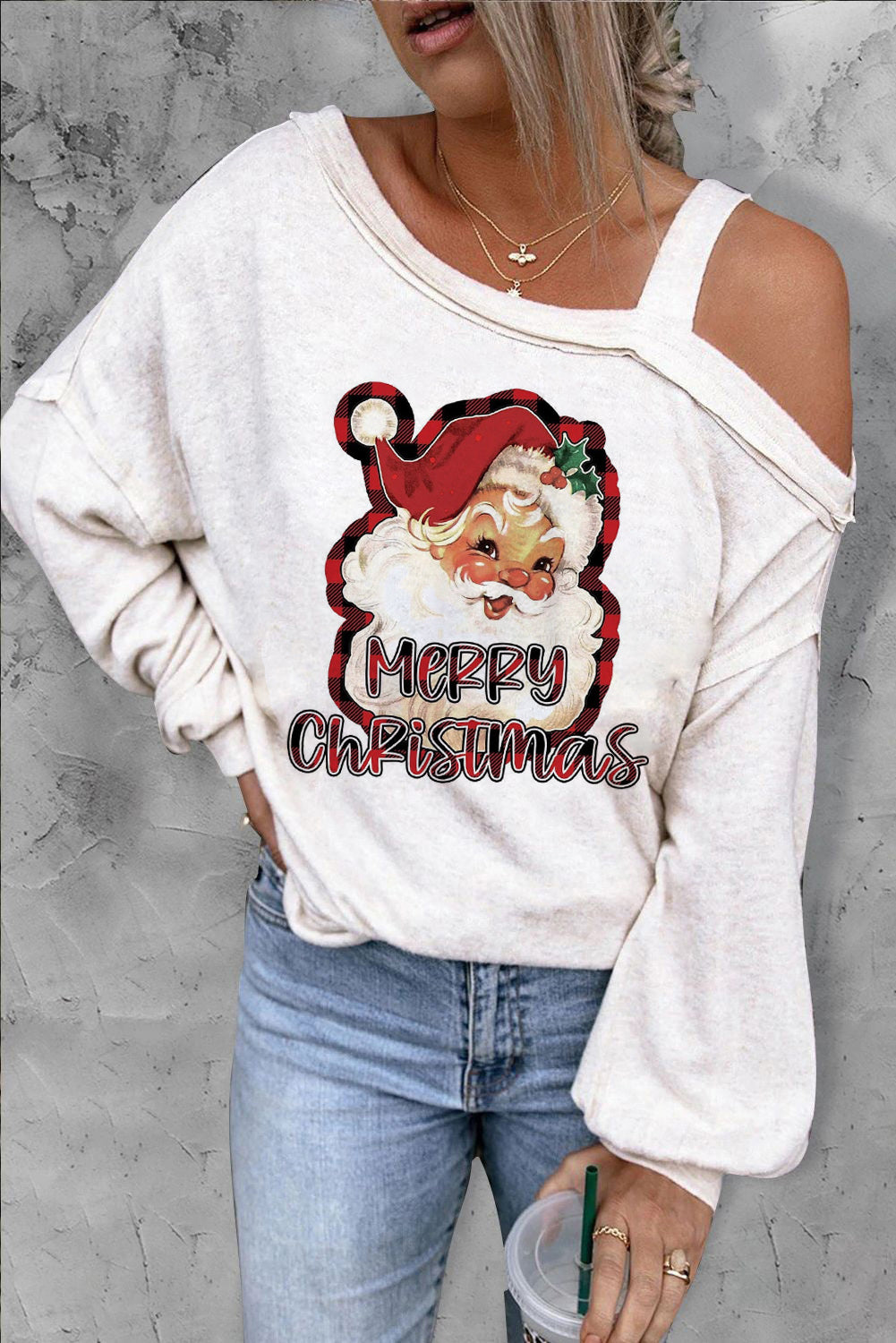 MERRY CHRISTMAS Graphic Asymmetrical Neck Top 