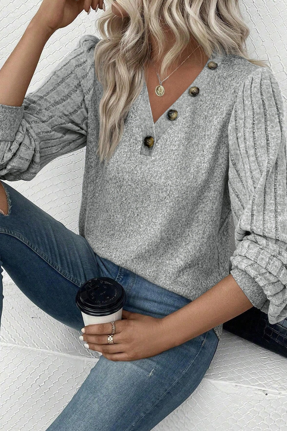 Decorative Button V-Neck Lantern Sleeve Blouse 