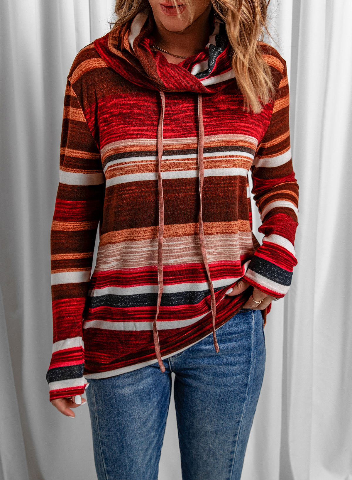 Striped Cowl Neck Tunic Sweatshirt 