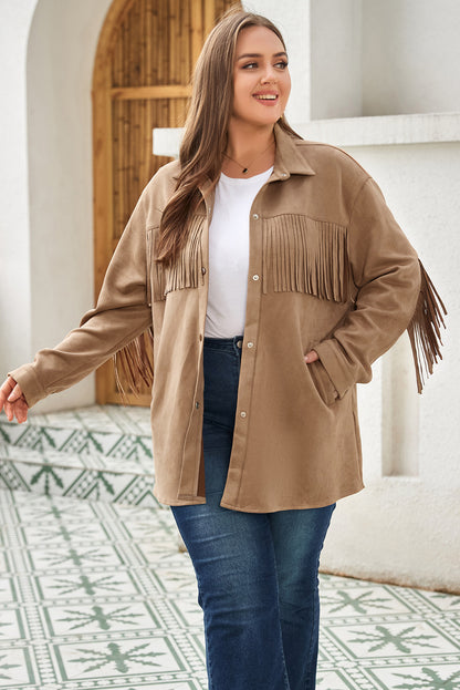 Plus Size Fringe Trim Snap Down Long Sleeve Shacket 