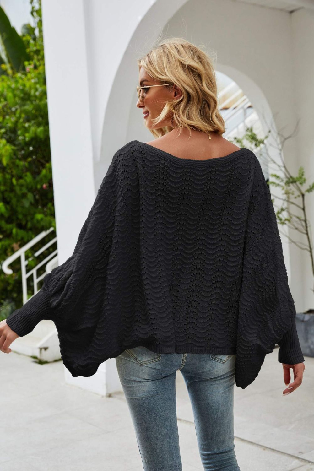 Openwork Boat Neck Dolman Sleeve Sweater 