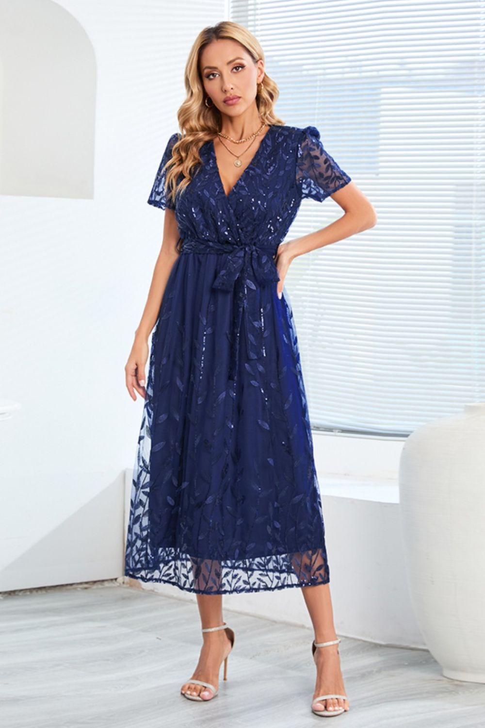 Sequin Leaf Embroidery Tie Front Short Sleeve Dress 