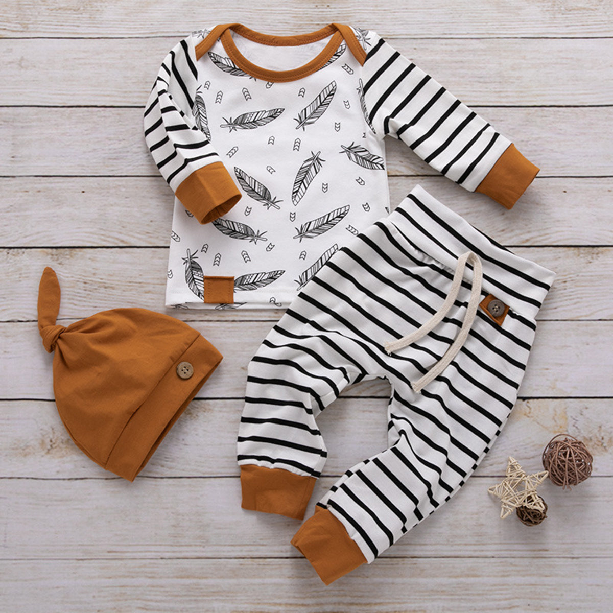 Striped Printed Long Sleeve Top and Tied Pants Set 